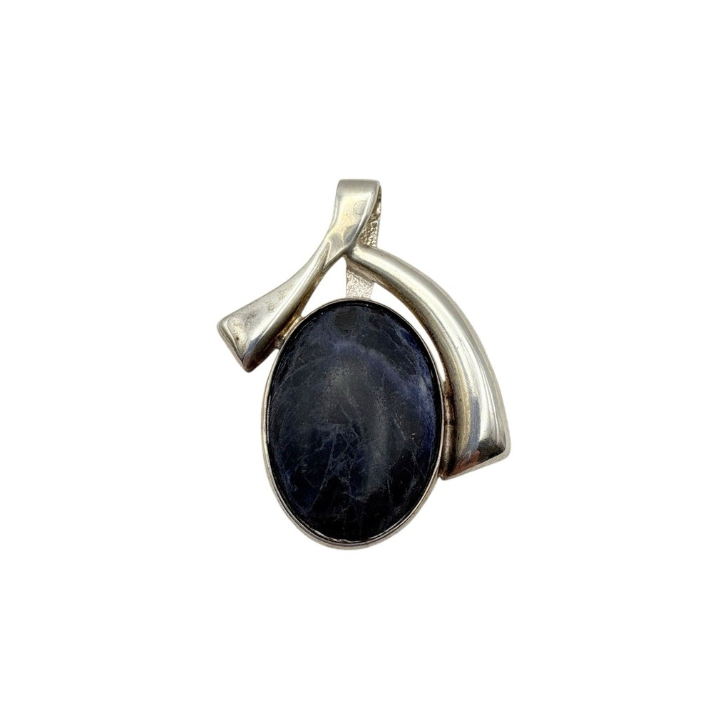Sterling Silver‎ Sodalite Pendant Modernist Heavy 18g Blue Cabochon 925
